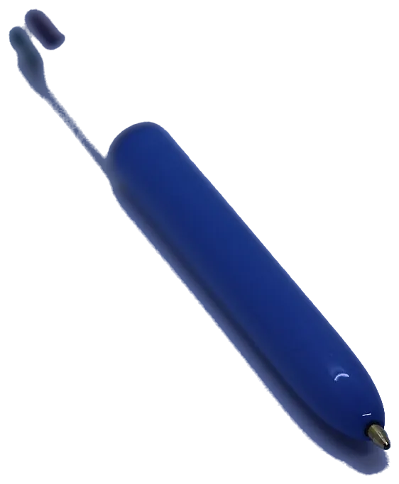 Navy barrel set at an angle, four colour selector slides at the top, cone and tip at the bottom.