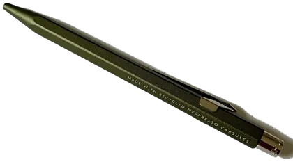 Hexagonal aluminium barrel in olive lacquer, printed along one facet, with a flat clip.