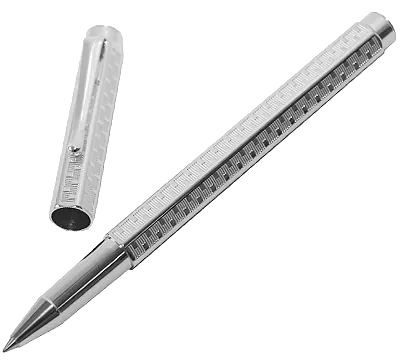 Slim silver barrel covered in fine guilloche, with the upper section unscrewed and set alongside.