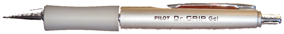 Silver barrel with a wide rubber grip zone just above the cone, noticeably thicker than the rest of the body.