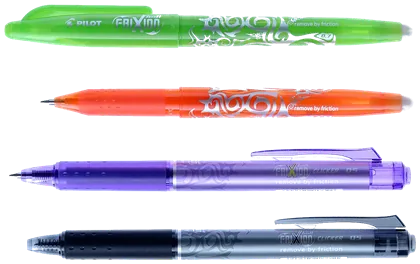 Four FriXion pens stacked one below another: green, orange, purple and black.