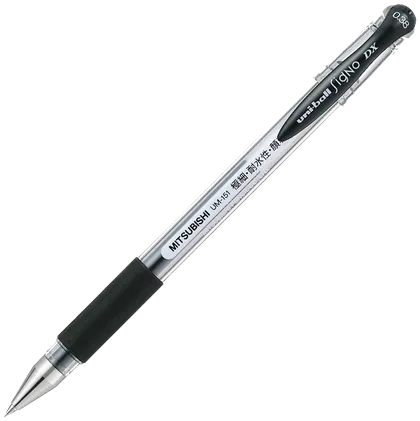 A clear round barrel set at an angle, with the cap posted on the rear; a black rubber grip zone runs into the steel cone of the tip, and printing with the factory designation runs along the barrel.