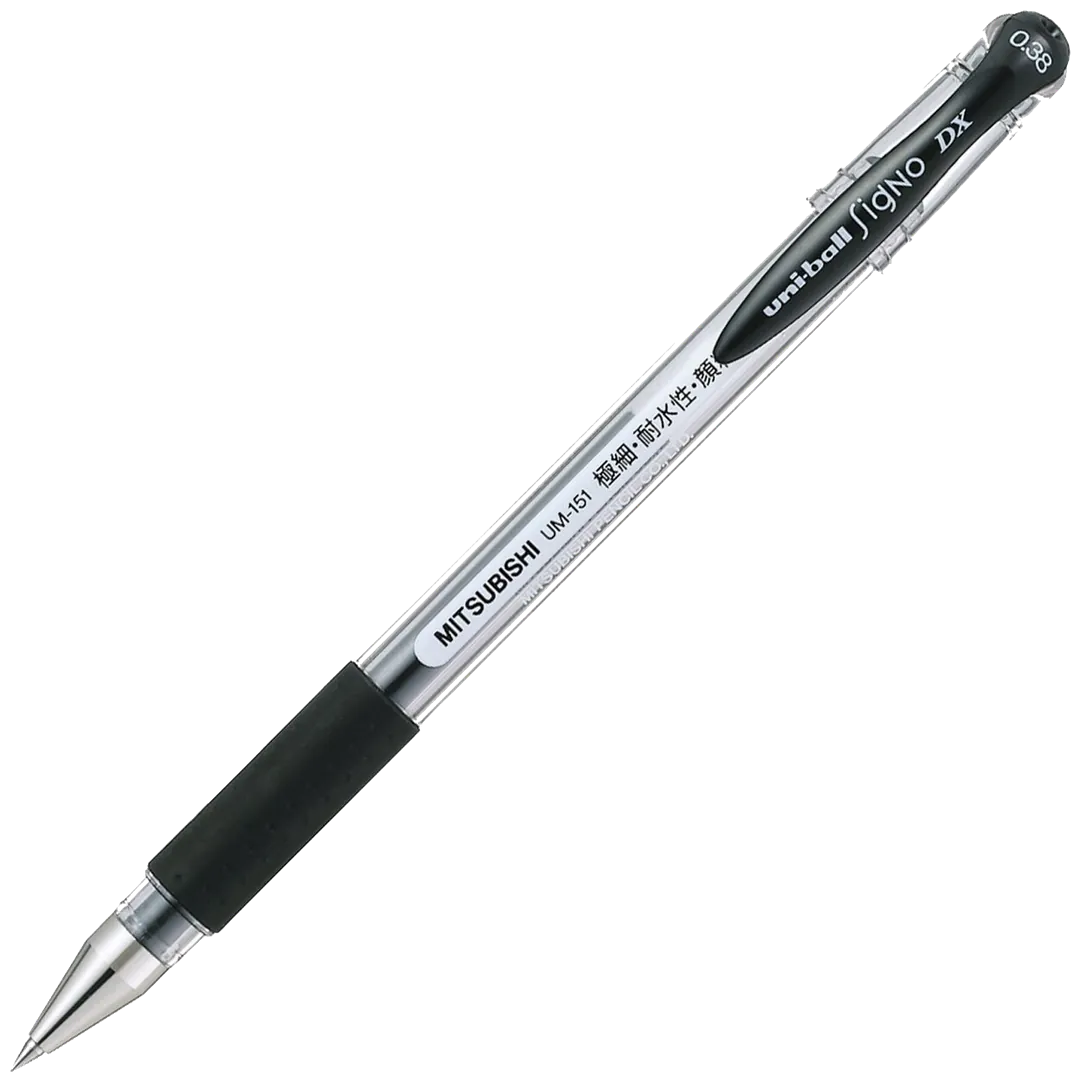A clear round barrel set at an angle, with the cap posted on the rear; a black rubber grip zone runs into the steel cone of the tip, and printing with the factory designation runs along the barrel.
